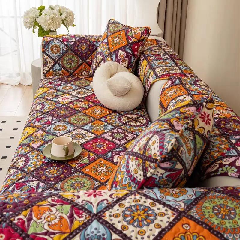 Bohemsk Stil Blomstermønster Sofamatte Geometrisk Mønster Sklisikker Bomull Sofahåndkle Stuedivan Støvtrekk Putetrekk