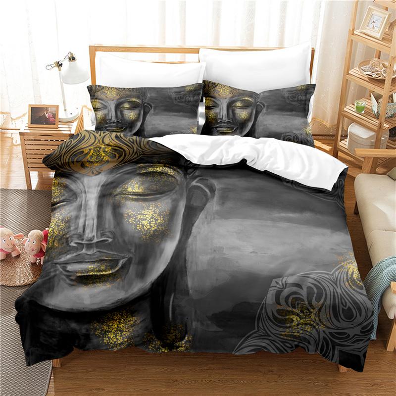 Buddha Statue Duvet Cover Set 3D Digital Printing Gold Queen King Size Bedding Set For Kids Boys Girls Polyester Comforter Set