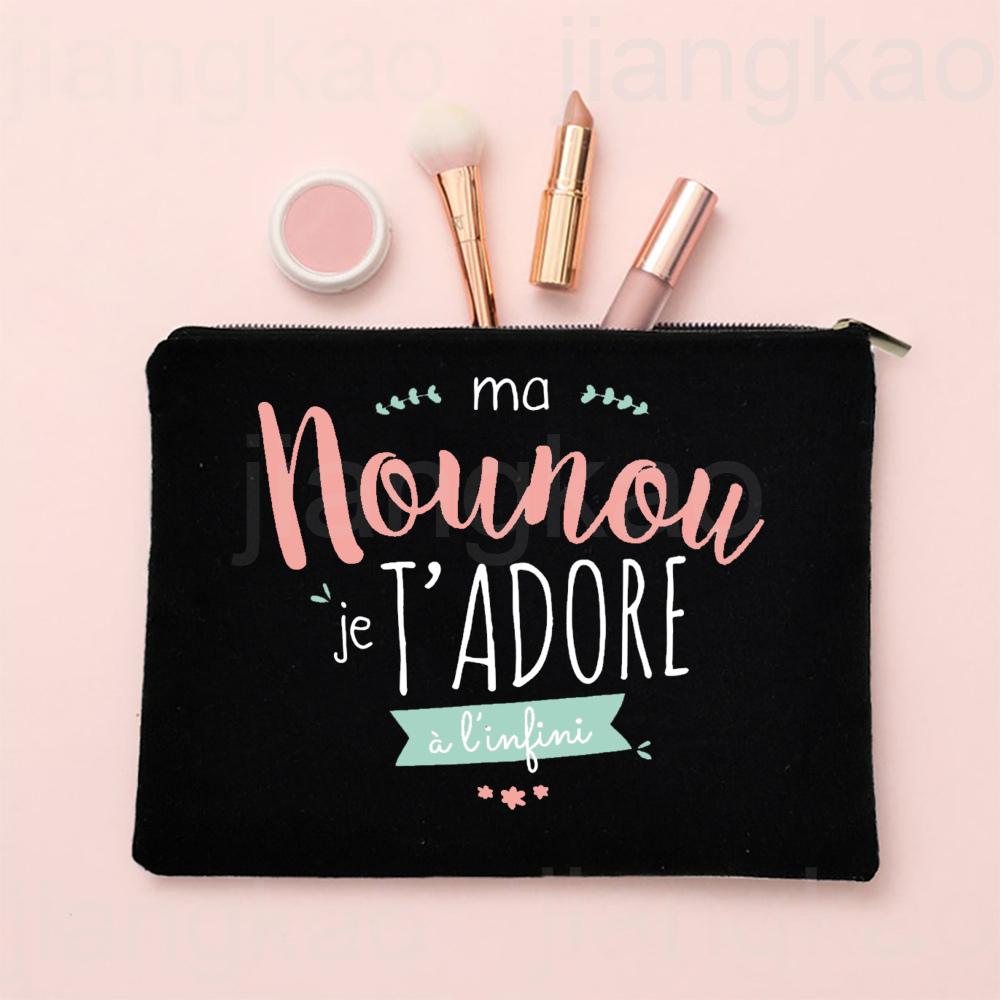 Thank You for Taking Care of Me Nanny Print Cosmetic Bag Women Neceser Makeup Bags Travel Toiletry Pouch Thanks Gifts for Nounou