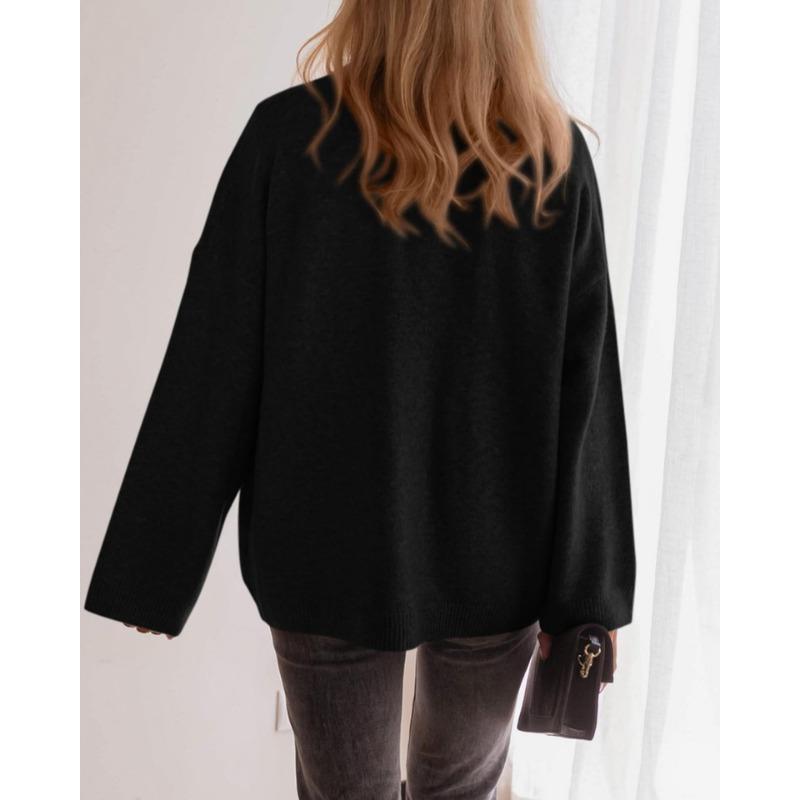 Women Solid Color V Neck Button Up Loose Long Sleeve Knit Cardigan Sweater Coat
