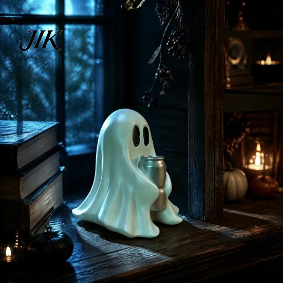 Festive Desk Decorations Halloween Ghost Figurine with Drinks, Resin Statue, Cute Spooky Desktop Small Figures for Gifts Ornament Party Tabletop
