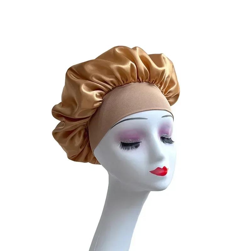 High Elastic Satin Solid Sleeping Hat Hair Care Bonnet Nightcap Multi-color Reusable Women Home Sleeping Cap Accessories