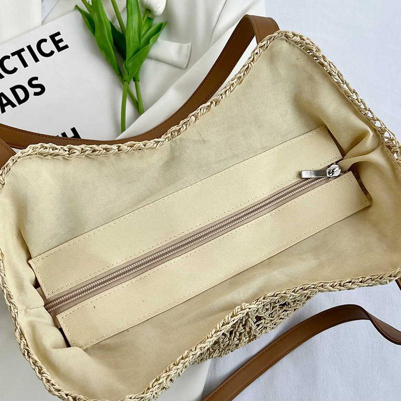 Straw Beach Bag Vintage Handmade Woven Shoulder Bag Raffia Circle Rattan Bags Bohemian Summer Vacation Casual Bags