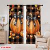 2D Flat Printing 2pcs Festive Autumn Thanksgiving Scene Curtains Fall Pumpkins Plaid Bow Maple Leaves Polyester Without