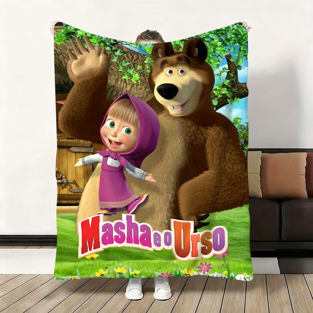 Cartoon M-Masha and the B-Bear Throw Flannel Fluffy Soft Blanket Warm Skin-Friendly Throw for Sofa Bed Office Nap Winter