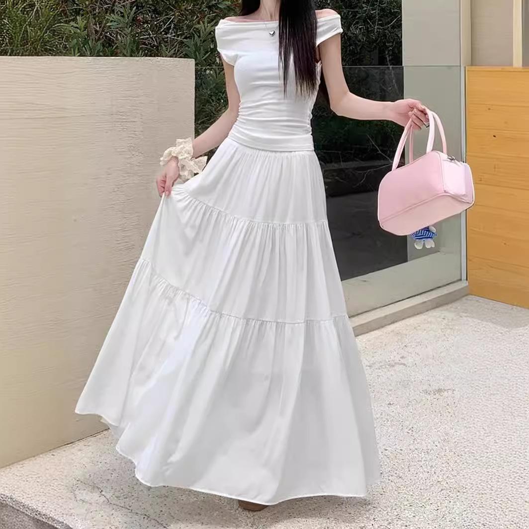 

Plus Size Autumn White Pleated Midi Skirt for Women L