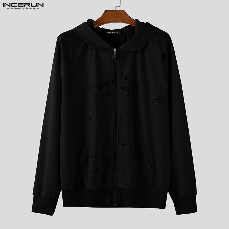 INCERUN Hanorace de Toamnă pentru Bărbați cu Mânecă Lungă, cu Fermoar, Imprimeu, Buzunare și Glugă