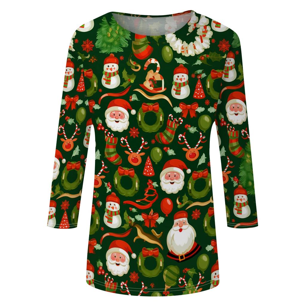 Women's Casual Christmas Print Three-Quarter Sleeve Neck Top