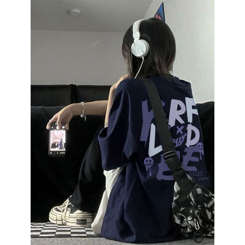 

Plus-Size American Retro High-Street Style Short-Sleeve T-Shirt for Women, Summer Loose Design, Niche Half-Sleeve Top 1.0-150kg Navy Blue XXL [Recommended 130-145]