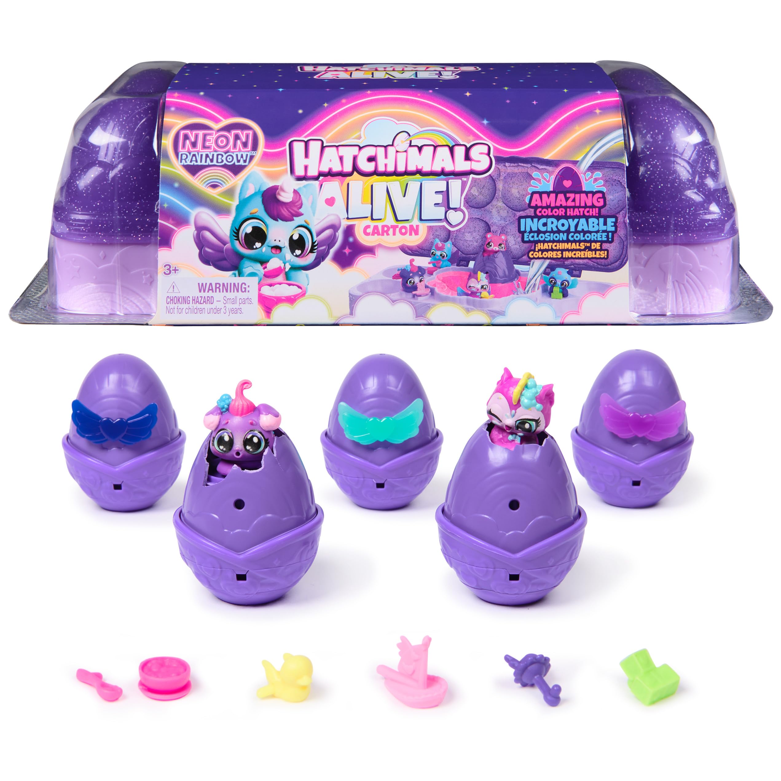 

Hatchimals Alive, Neon Rainbow Egg Carton Toy with 5 Minifigures, Color Reveal Eggs & 11 Accessories, Kids Toy for Girls & Boys Ages 3+