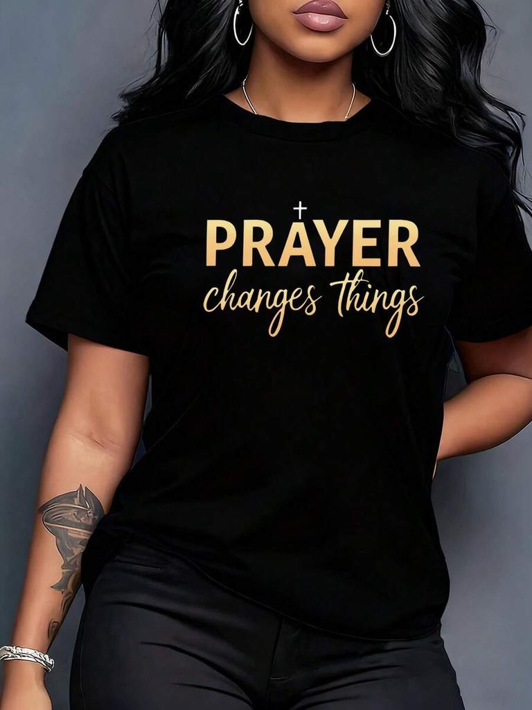 Women's Black And Gold Crew Neck Short‑Sleeve Christian T‑Shirt, Bible Verse God Graphic Print, Fashion New Arrival, Summer Casual Streetwear Church