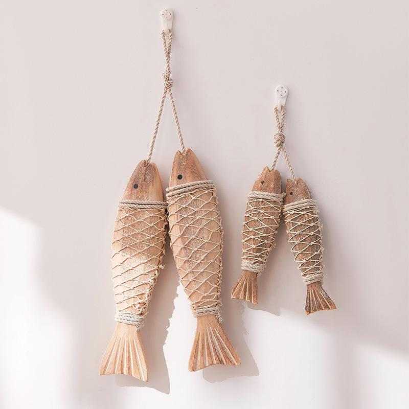 Mediterranean Hand-Carved Wooden Fish with Net Wall Hanging Ornament