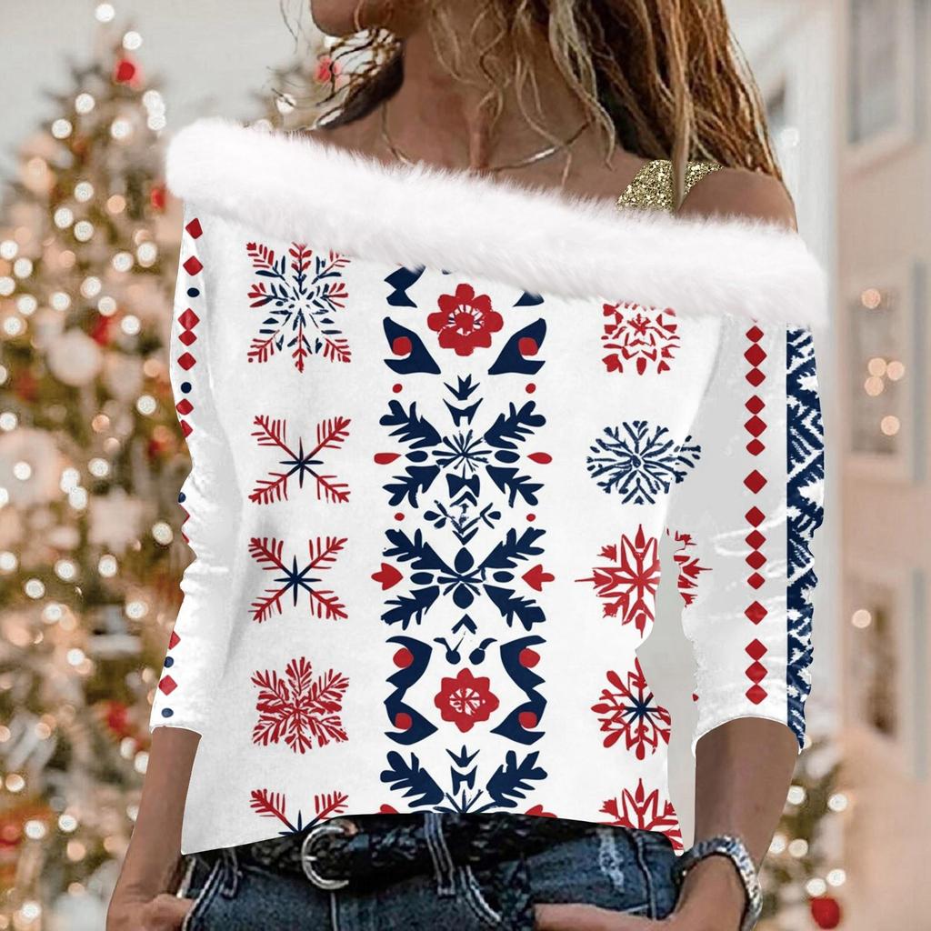 Women's Christmas Snowflake Print Long Sleeve Twill Pullover Collar Top