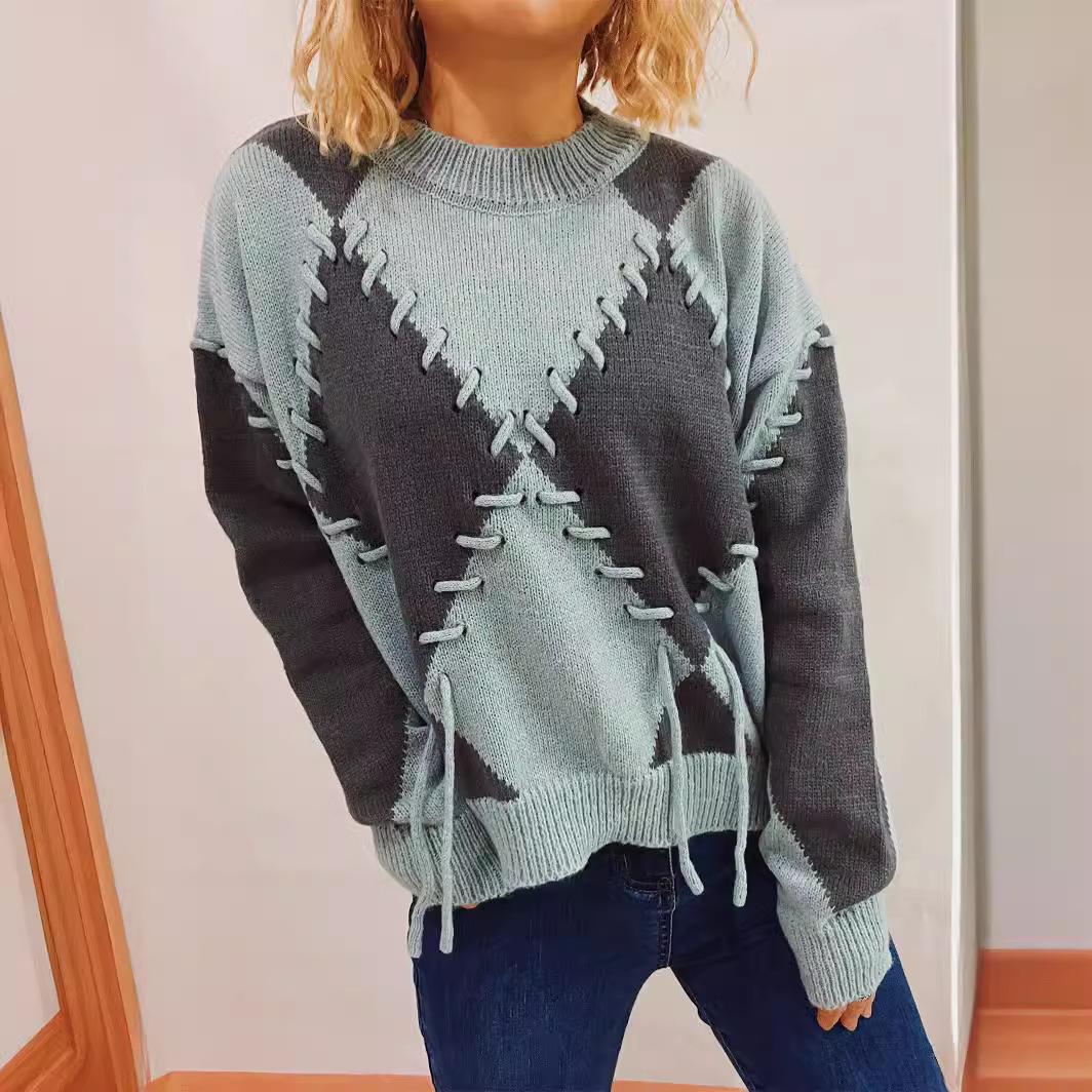 

Spring new round neck long sleeved contrasting diamond grid handmade rope tied knitted pullover sweater for women 3535 XL сірий колір