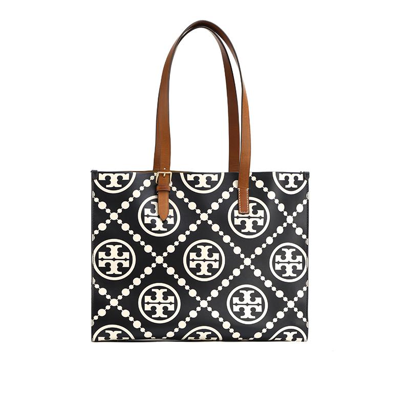 Tory Burch Women's Black T Monogram 40 Snap Closure Double T Large Logo Color Block Embossed Leather Tote Bag Tote 138919-001