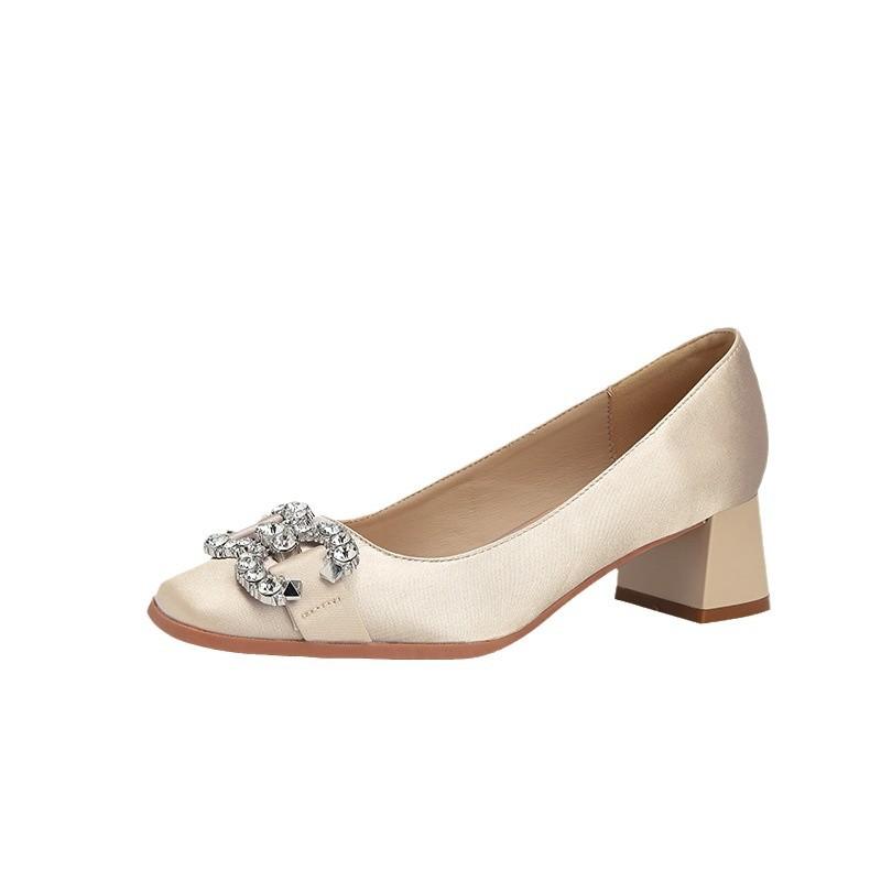 New fashion thick heel square head diamond buckle lady versatile temperament satin surface commuter women's shoes