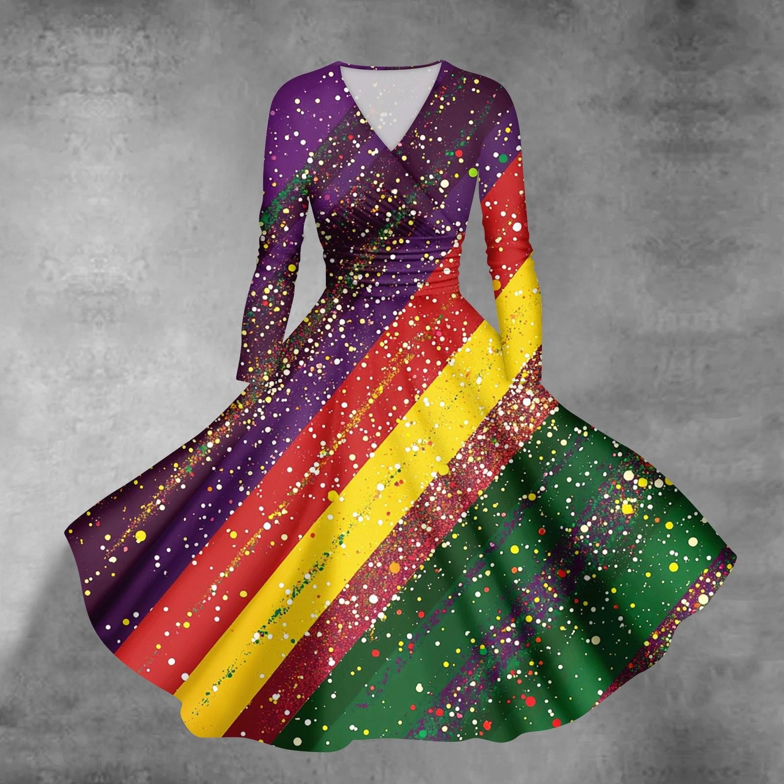 

Women s Casual Fashion Carnival Print Long Sleeve V-neck Sexy Pocket Dress L фіолетовий