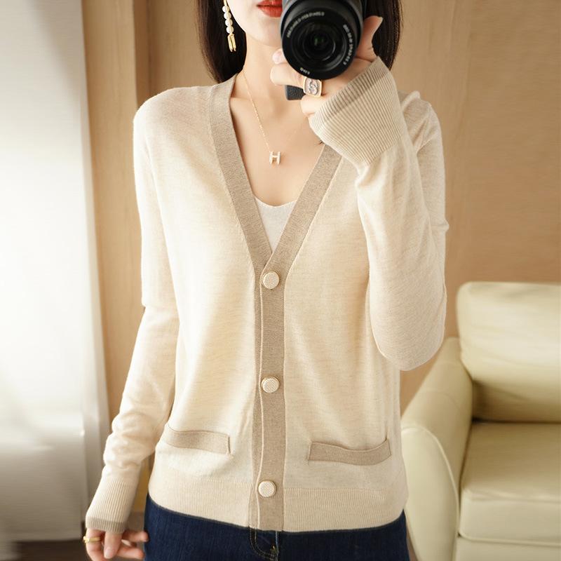 

Spring V-neck Loose Knit Cardigan Women s Long Sleeved Thin Sweater Base Top XXL бежевый