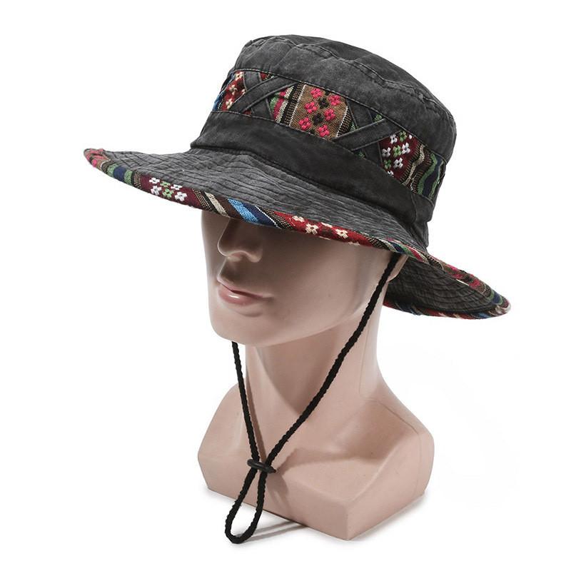 Ethnic Style Geometric Pattern Design Neutral Casual Denim Fisherman Hat For Outdoor Sun Protection