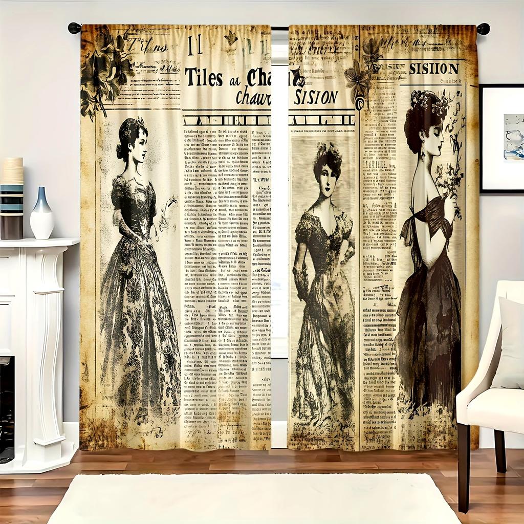2 Pieces of Retro Newspaper Printed Curtains, Pole Bag Curtains 30*65, Bedroom and Living Room, Home Decoration, Room Decoration