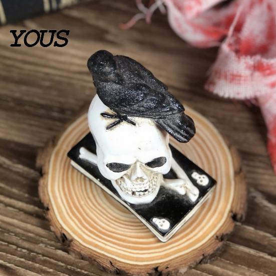 Miniature Crow Bone Sculpture Mystical Raven on Skull Statue, Gothic Perching Figurine Decorative Resin Skeleton with Book, Spooky Halloween for Desk