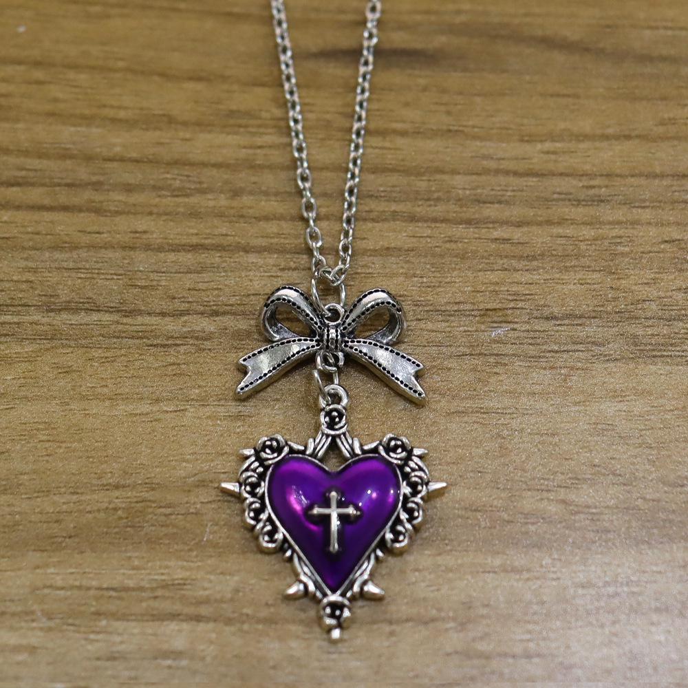 Gothic Punk Thorns Heart & Cross Bow Necklace - Retro Clavicle Chain, Ins Style