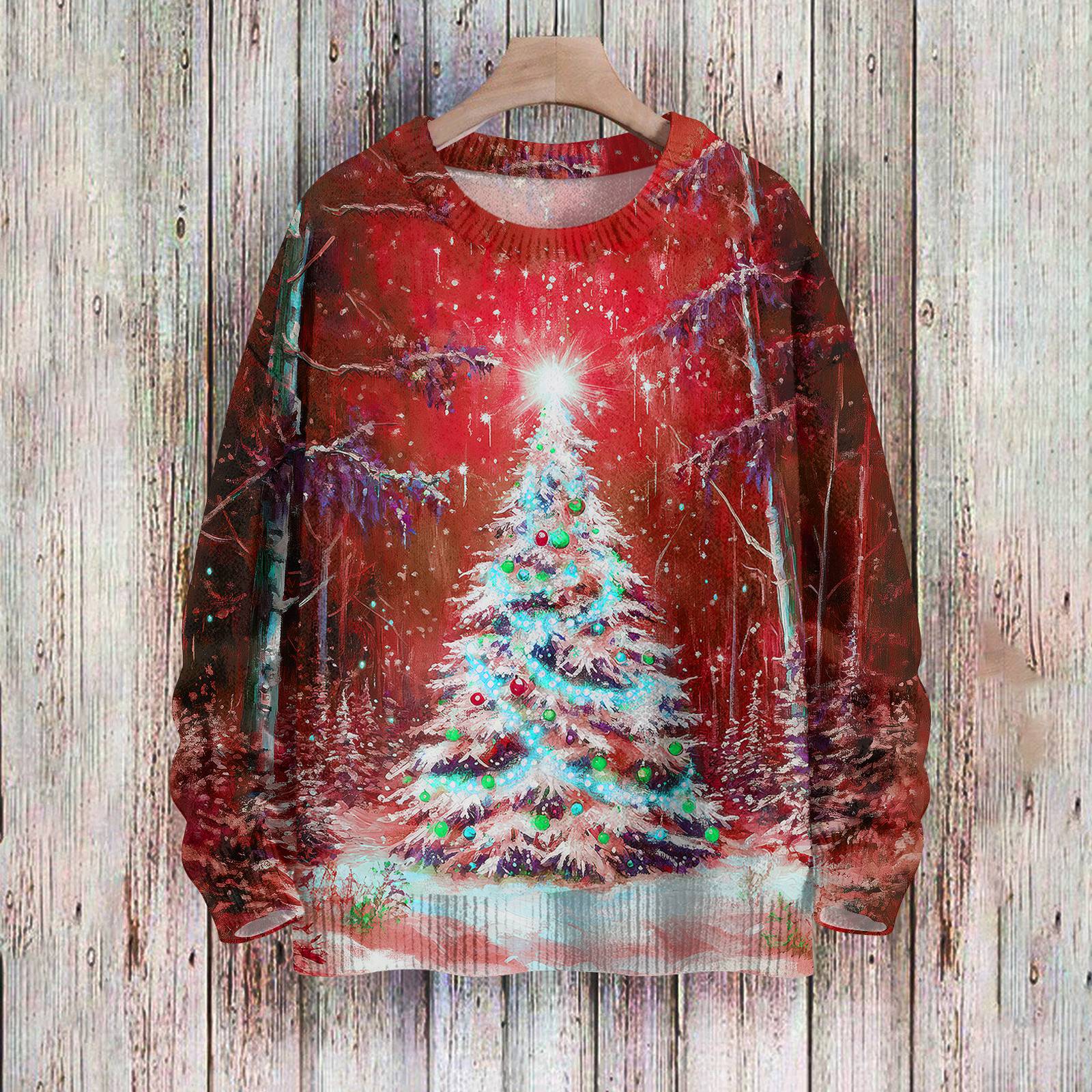 

Рождественские толстовки для женщин Вязаный свитер Милая рубашка Осенний свитер с круглым вырезом Топы XL винный