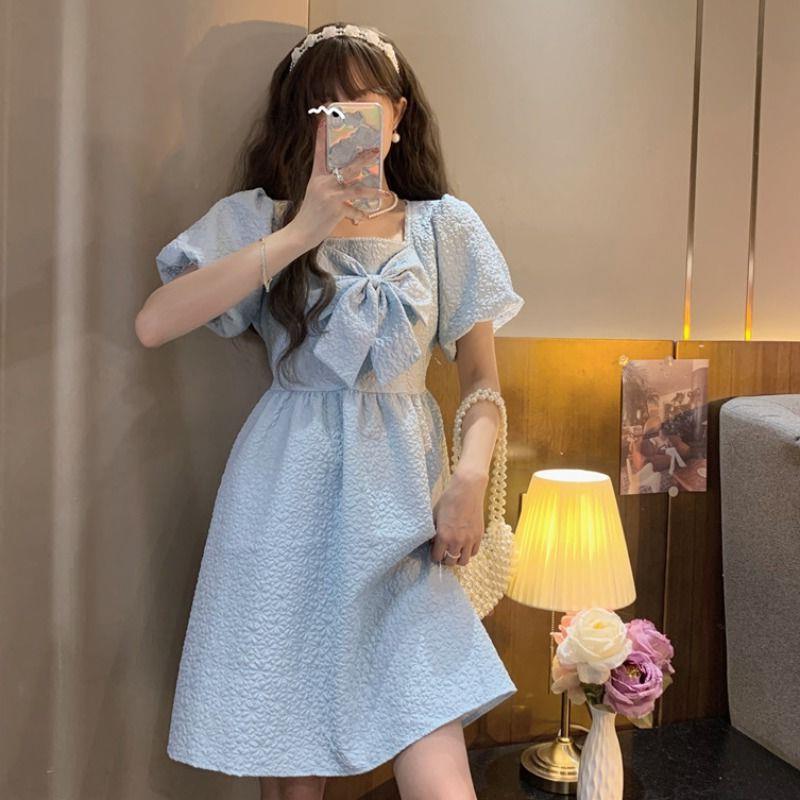 Summer French design sense niche sense square neck white bow dress fairy dress cake dress skirt women's clothing