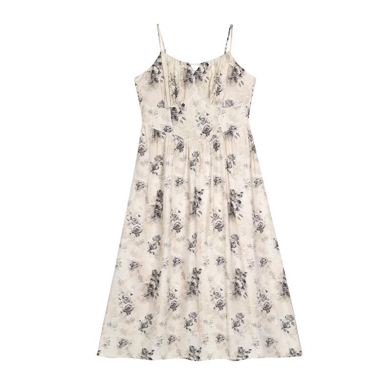 

Plus Size Retro Rose Print High Waist Floral Spaghetti Strap Dress 2XL (140-160 lbs recommended)