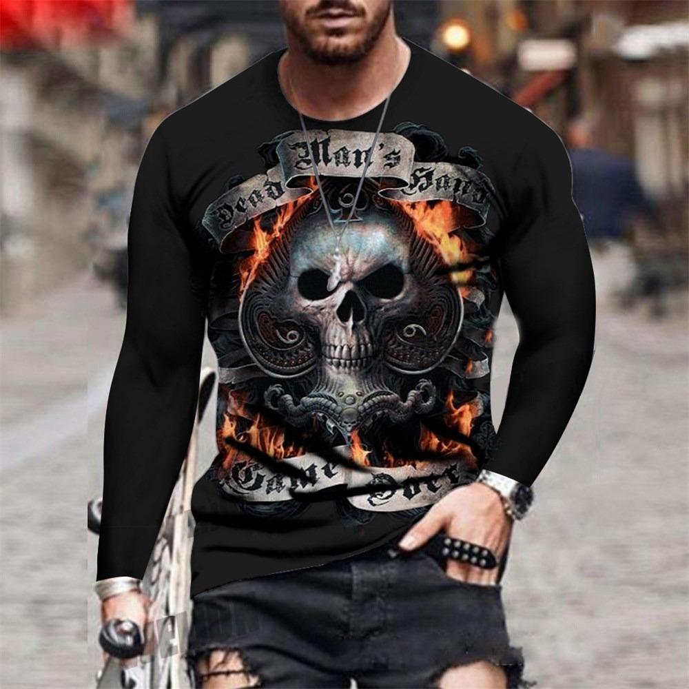 O-Neck Long Sleeve Plus Size T-shirt Men's Clothing Retro Men's Long Sleeve T-shirt 3D Printing Skull Long T-shirt Men's Street