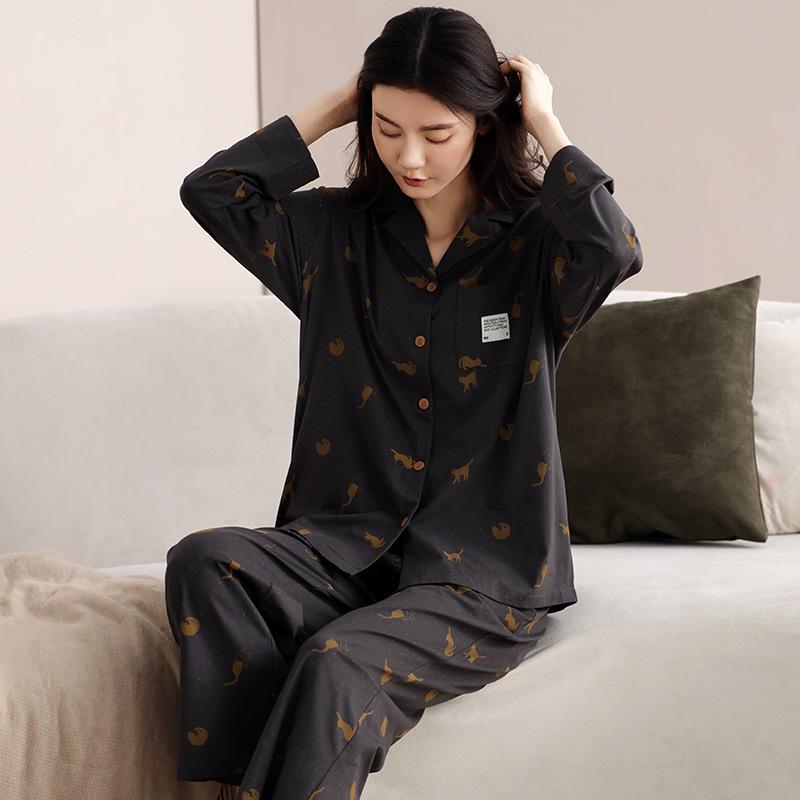 Women's Pure Cotton Long Sleeve Pajama Set - Loose Fit, Plus Size, for Autumn/Spring