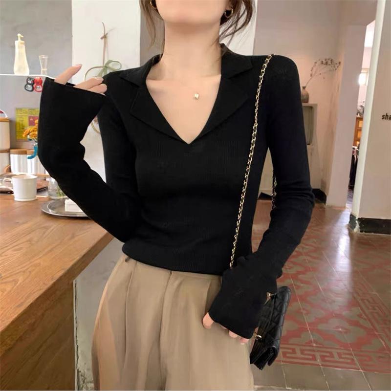 Polo Lapel Knitted Inner Sweater Women's Autumn and Winter New Slim and Thin Versatile Long-sleeved Bottoming Shirt Top