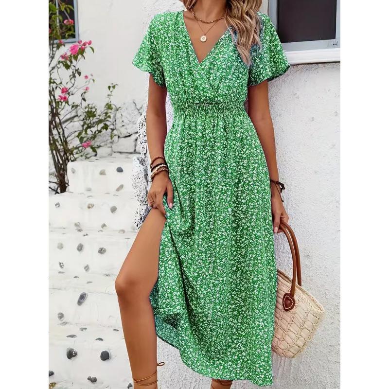European and American summer new women's sexy skirt V-neck elastic waist short-sleeved dress women