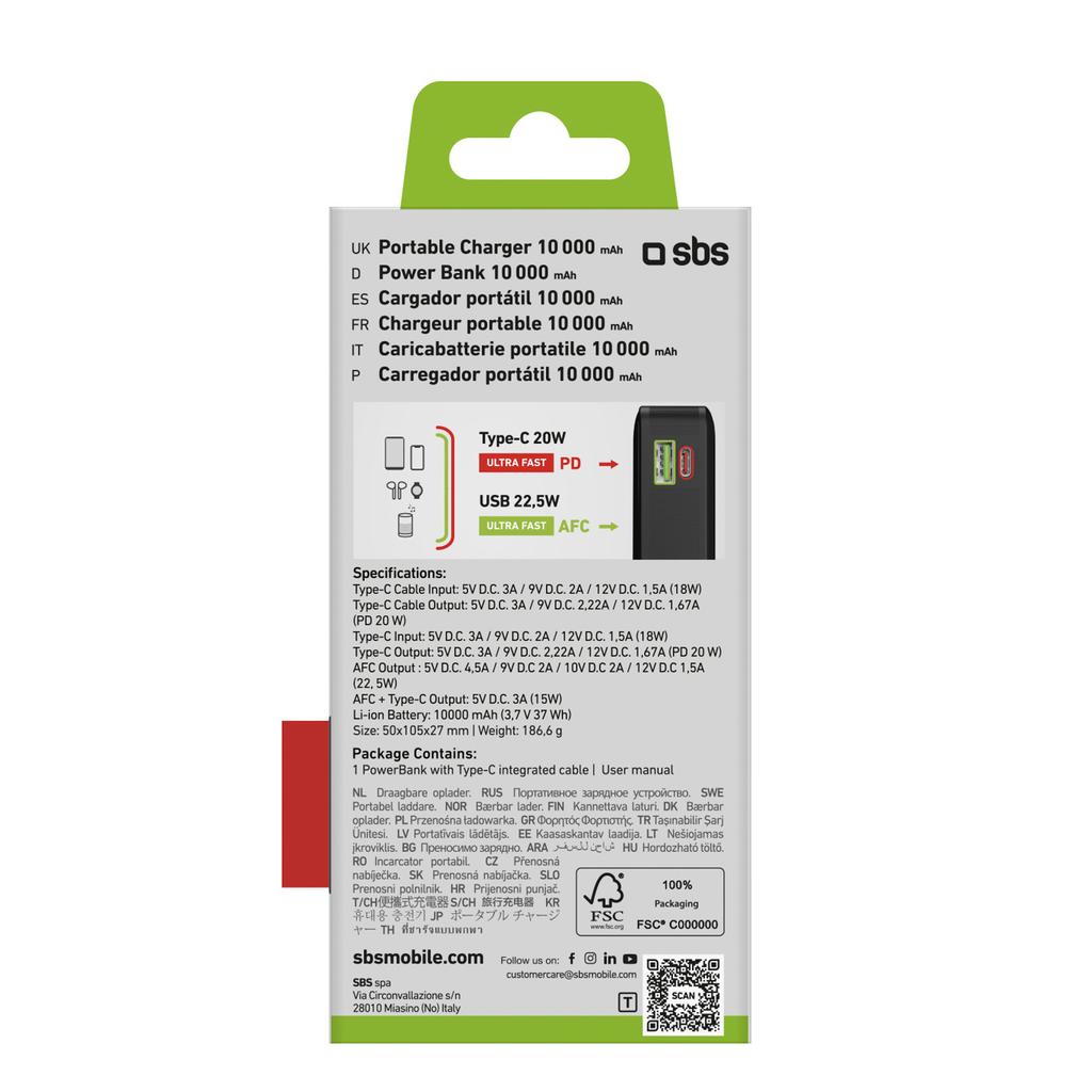 Powerbank 20000mAh USB-A USB-C z wyświetlaczem wbudowanym kablem USB-C 20W - czarny