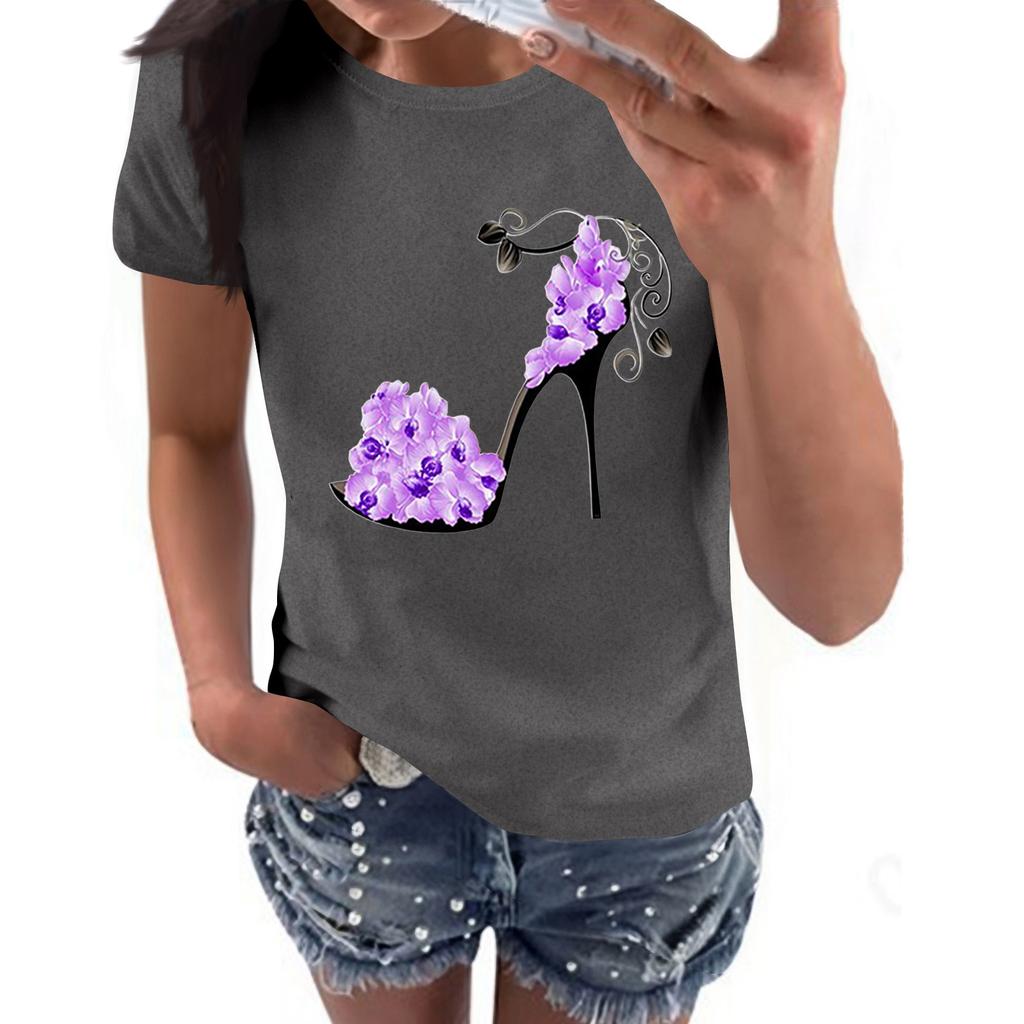 Women's Casual High Heels Floral Print Casual Short-sleeved T-shirt Pullover Round Neck Short-sleeved Top