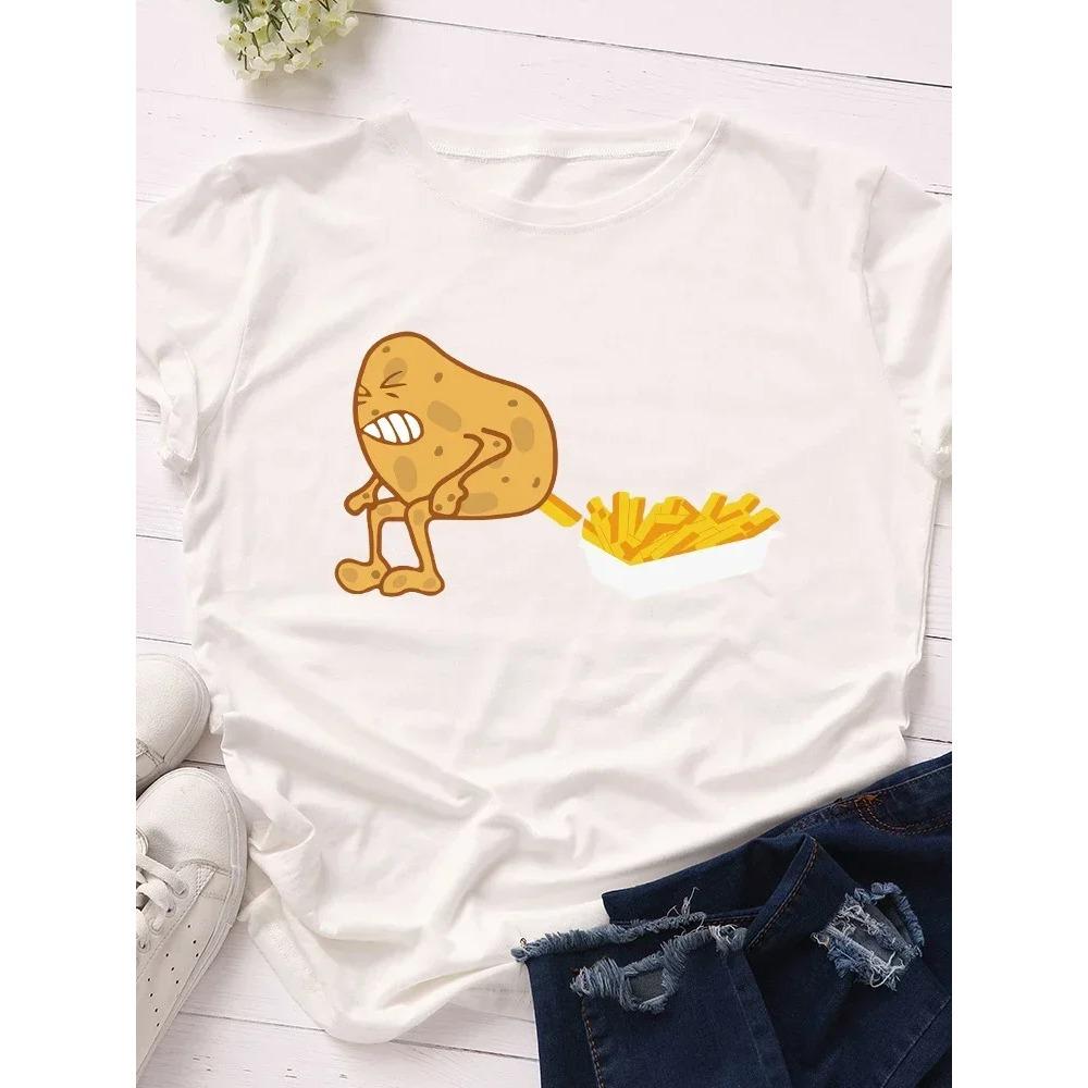 Funny Potato Fries Print Women T Shirt Short Sleeve O Neck Loose Women Tshirt Ladies Tee Shirt Tops Clothes