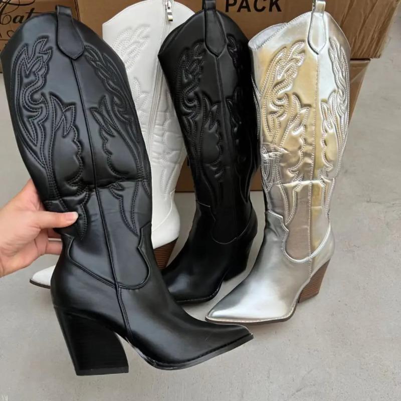 Fashionable Floral Embroidery High Heel Boots Women'S Knee High Boots Elegant Leisure Style Chinese Manufacturer