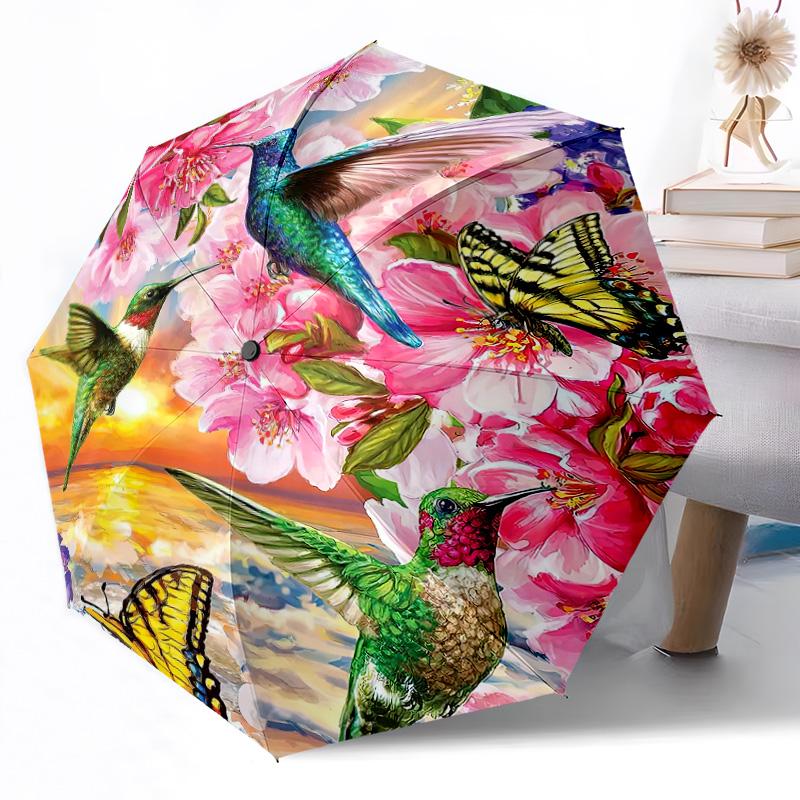 Colorful Hummingbird Flower Wreath Outdoor Automatic Umbrella Retractable Design with 8-Rib Durability Lightweight Perfect Gift for Friends Family