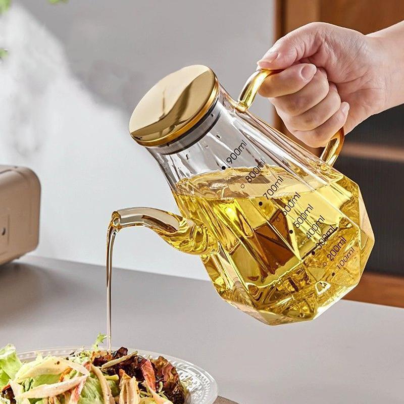 Glass Oil Pots 500/700/900Ml Leak Proof Diamond Oil Bottle With Scale/Lid Kitchen Soy Sauce Vinegar Condiment Storage Container