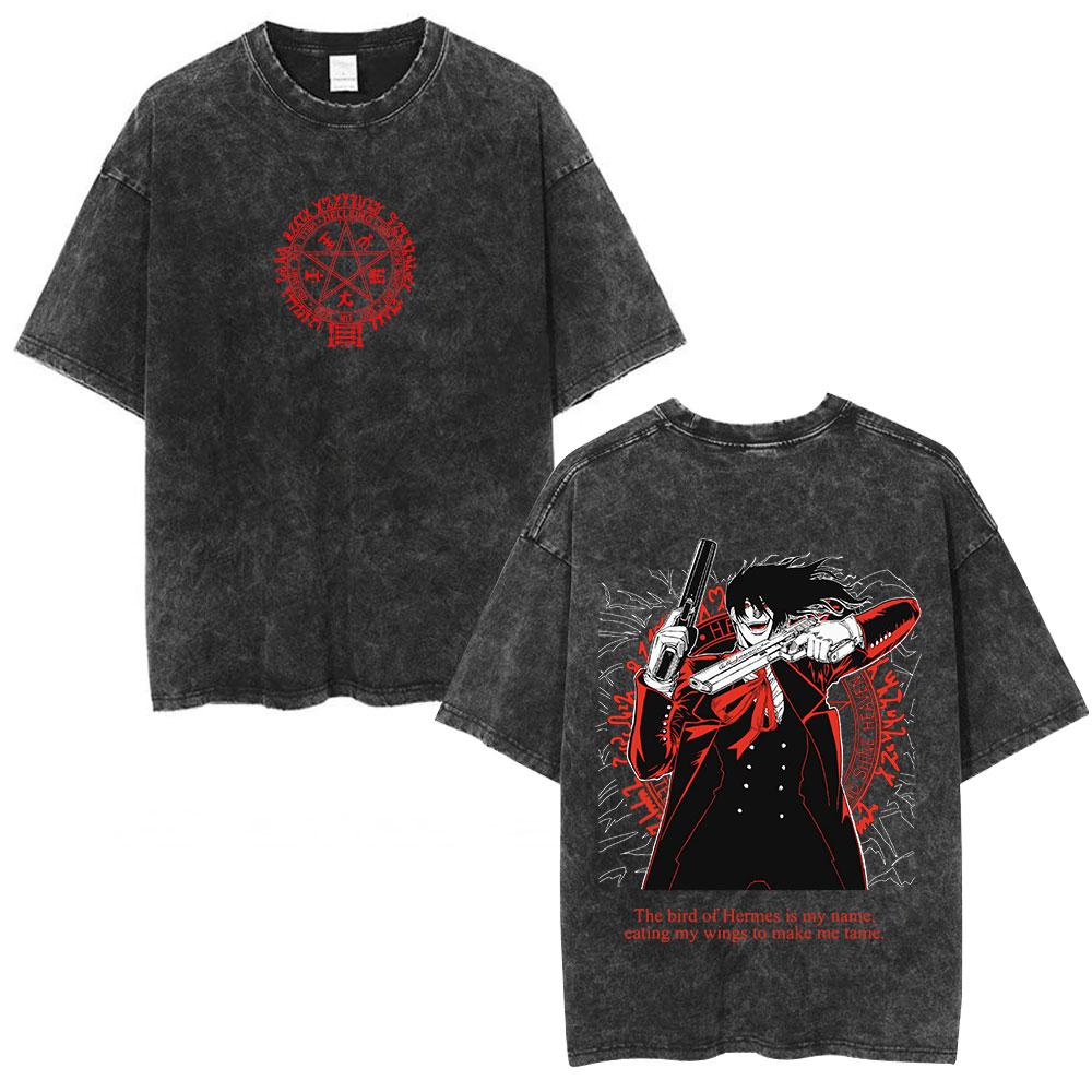 Anime Hellsing Alucard Cool Printing T Shirt Men Vintage Manga Tshirts Washed Cotton Tee Harajuku Male Casual Oversized T-shirt