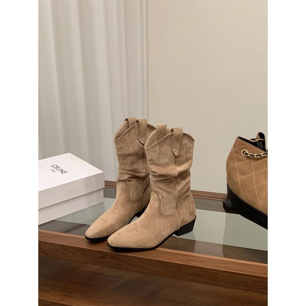 Coarse Heel Khaki Suede Pile Medium Knight Boots Women's Boots 2025 Autumn and Winter Pointed V-mouth Skinny Short Boots