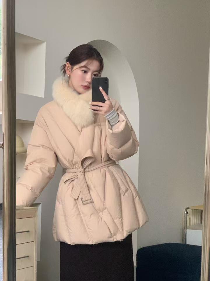 Scarf, fur collar, down jacket, women's high-end feeling, waist lace-up temperament, beautiful white duck down warm jacket