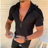 Summer Fashion Short Sleeved Hoodie Zipper T Shirt Casual Plaid Print Open Stitch Beach Sun Protection Clothing