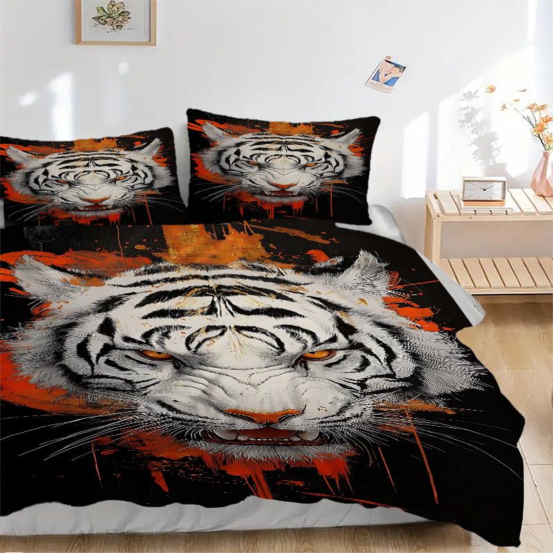 

3PCs White Tiger Print Design Cover Set, Breathable Fabric, Machine Washable (1 Duvet Cover + 2 Pillowcases) (Without Quilt) yy250911080 135x200cm