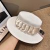 Luxury Elegant Women Summer Straw Hat Flat Top Boater Cap Folds Silk Pearl Decor Hand Weave Wide Brim Sun Hat Panama Fedora