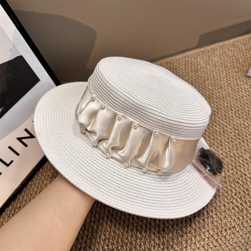 Luxury Elegant Women Summer Straw Hat Flat Top Boater Cap Folds Silk Pearl Decor Hand Weave Wide Brim Sun Hat Panama Fedora