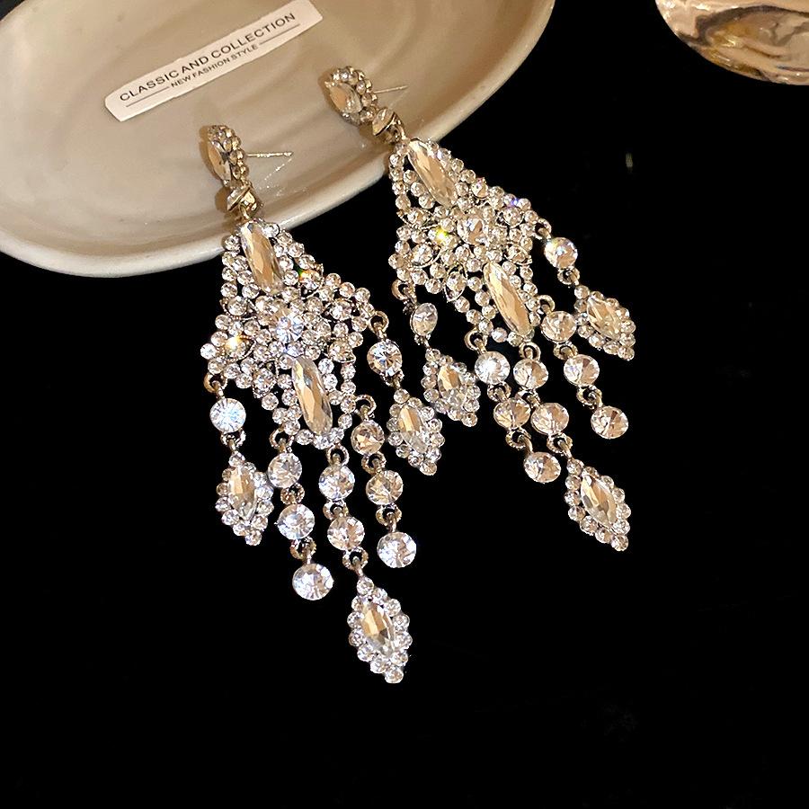 Silver Needle Diamond Droplet Rhombus Tassel Earrings Light Luxury Advanced Sense Heavy Industry Earrings Fashion Temperament Atmospheric Earrings