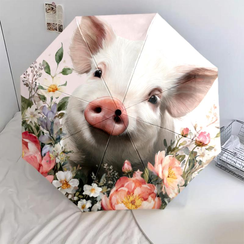 Pink Piglet Pattern, Automatic Folding Umbrella, Portable and Foldable Design, 8 Ribs, a Christmas or Birthday Gift.