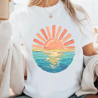 Sunset Beach T-Shirt Coastal Ocean Graphic Tee Men Women Summer Vacation T Shirt Cute Travel Tee Unisex Round Neck Printed