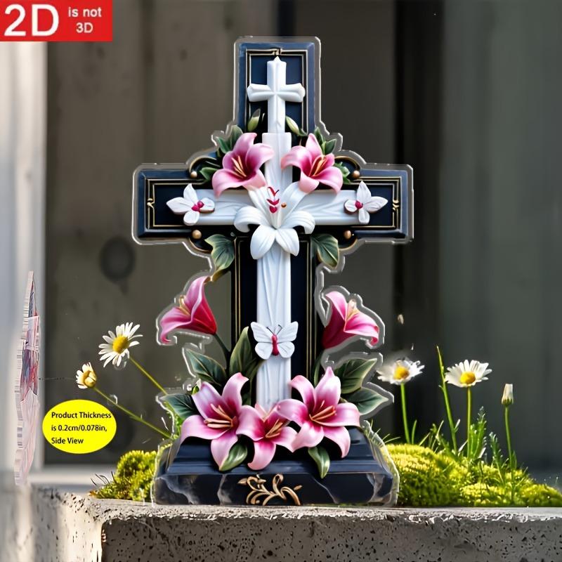 2D Flat Acrylic Lily Cross Memorial Garden Desktop Decorative Sign, Weather-Resistant Floral Grave Marker, Suitable for Wall Decoration, Porch, Room,
